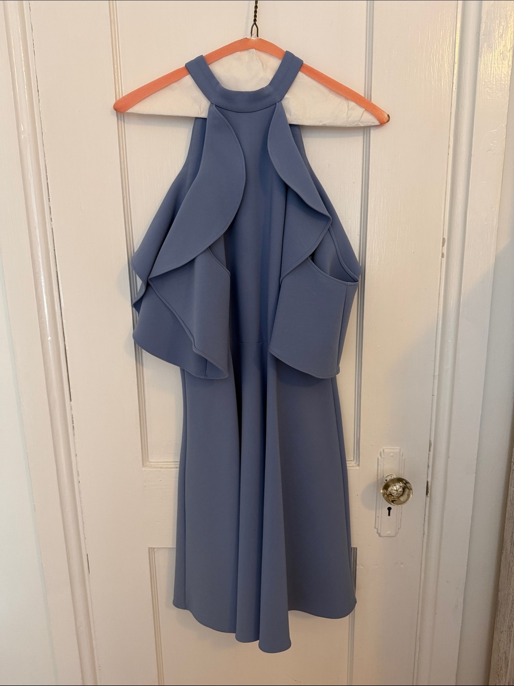 Likely Dusty Blue Halter Midi Dress with Ruffle Panels
